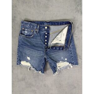 Levis 501XX Shorts Womens 31 Blue Denim Button Fly Distressed Frayed Hem